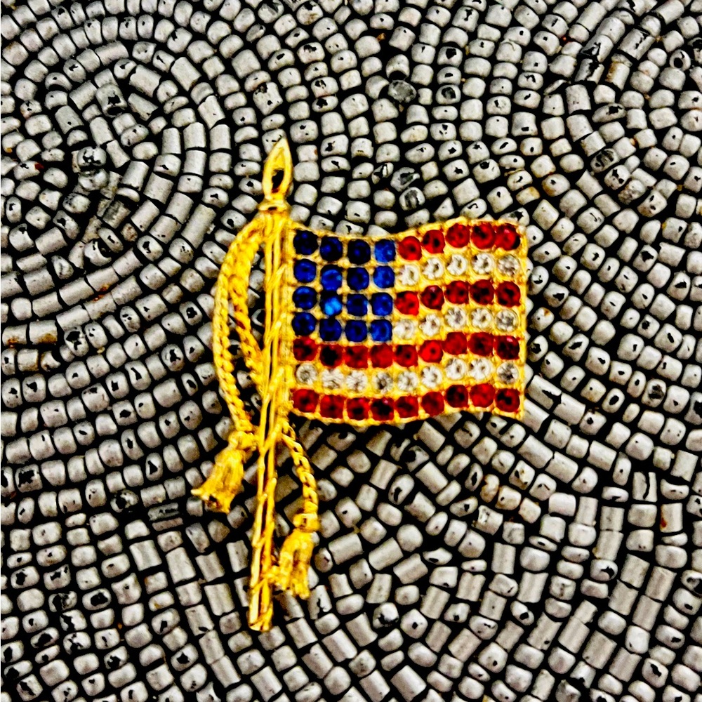 Vintage American Flag Brooch Pin Red White Blue Rhinestones Jewelry